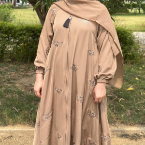 Premium Beige Embroidered Front Zip Abaya with Matching Scarf | Zaeynoor by Talat Bibi