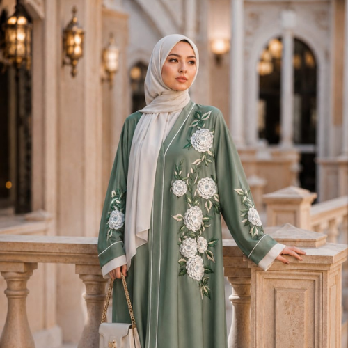 Elegant Sage Green Embroidered Abaya