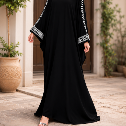 Elegant Black Abaya with Embroidered Sleeve Details - Image 2