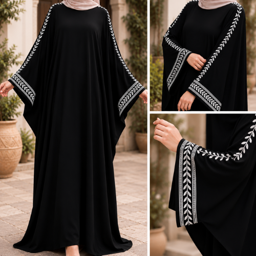 Elegant Black Abaya with Embroidered Sleeve Details - Image 3
