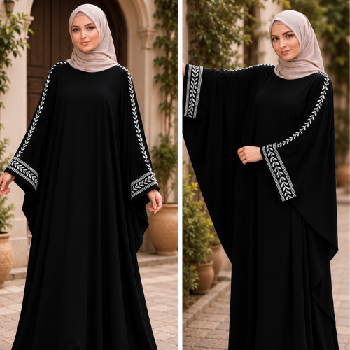 Elegant Black Abaya with Embroidered Sleeve Details - Image 4